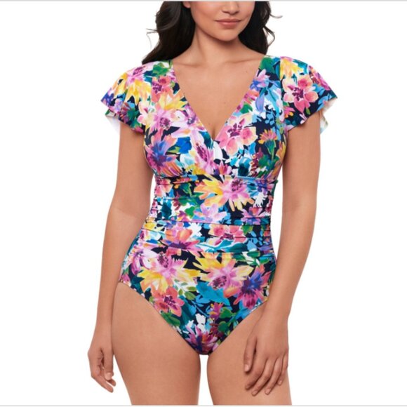 Swim Solutions Garden Dreams Flutter-Sleeve One-Piece Swimsuit Size 16 - 7964 - Picture 1 of 2